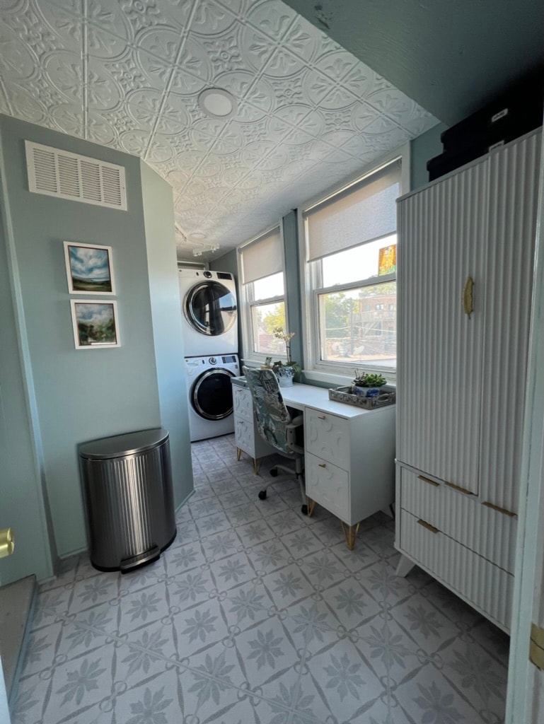 Laundry room with tin ceiling